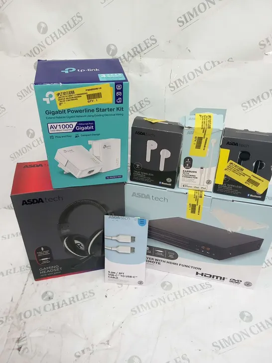 QUANTITY OF ASSORTED ELECTRICALS TO INCLUDE; GIGABIT POWERLINE STARTER KIT, GAMING HEADSET AND TRUE WIRELESS EARBUDS