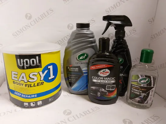 BOX OF APPROX 5 ITEMS TO INCLUDE UPOL EASY1 BODY FILLER, TURTLE WAX COLOUR MAGIC JET BLACK WAX AND HYBRID SOLUTIONS CERAMIC WAX AND WASH - COLLECTION ONLY