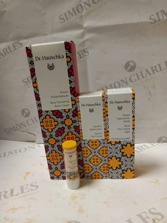 LOT OF 4 DR. HAUSCHKA PRODUCTS TO INCLUDE ROSE BODY CREAM, DAY CREAM, LIP CARE STICK