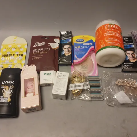 BOX OF APPROXIMATELY 20 COSMETIC ITEMS TO INCLUDE - CONDITIONER, LYNX BOY WASH, HAIR CLIPS AND ACCESSORIES, AND FOOT SOCKS ETC. 