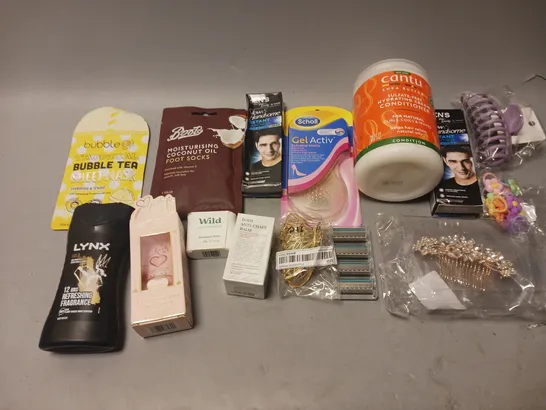 BOX OF APPROXIMATELY 20 COSMETIC ITEMS TO INCLUDE - CONDITIONER, LYNX BOY WASH, HAIR CLIPS AND ACCESSORIES, AND FOOT SOCKS ETC. 