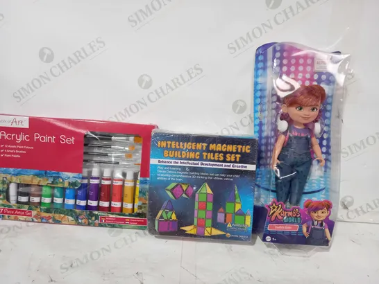 BOX OF APPROXIMATELY 15 ASSORTED TOYS AND GAMES TO INCLUDE ACRYLIC PAINT SET, INTELLIGENT MAGNETIC BUILDING TILES SET, KARMA'S WORLD SWITCH STEIN FIGURE, ETC