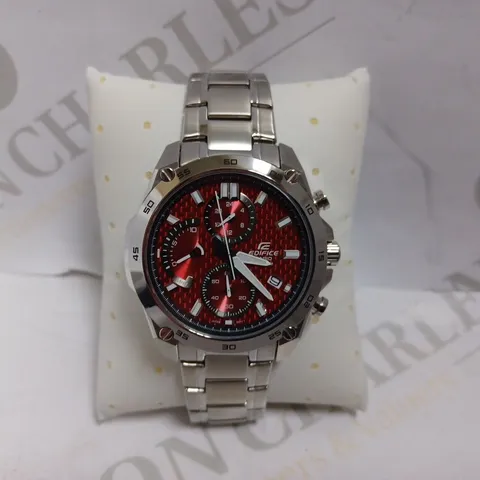 CASIO EDIFACE TRIPLE DIAL WATCH - CHROME EFFECT BRACELET STRAP WITH RED FACE