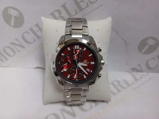 CASIO EDIFACE TRIPLE DIAL WATCH - CHROME EFFECT BRACELET STRAP WITH RED FACE