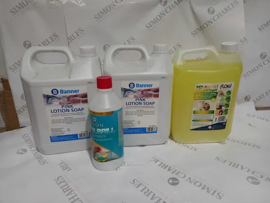 4 ASSORTED LIQUIDS TO INCLUDE:BANNER PINK LOTION SOAP, CHOGAN TOTALBRILL, PET MAGIC DISINFECTANT - COLLECTION ONLY