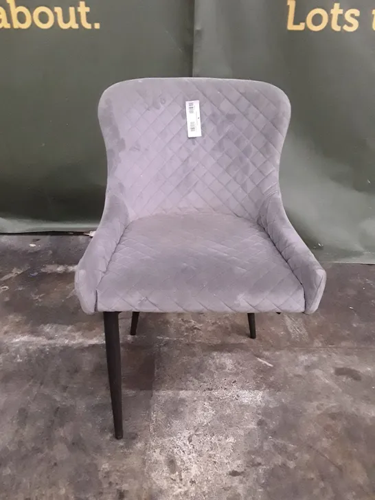 GREY VELVET DINING CHAIR (MISSING LEG)