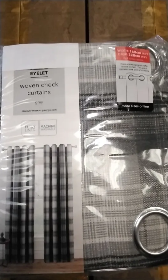 BOX OF 4 BRAND NEW EYELET WOVEN CHECK CURTAINS GREY 168×228CM