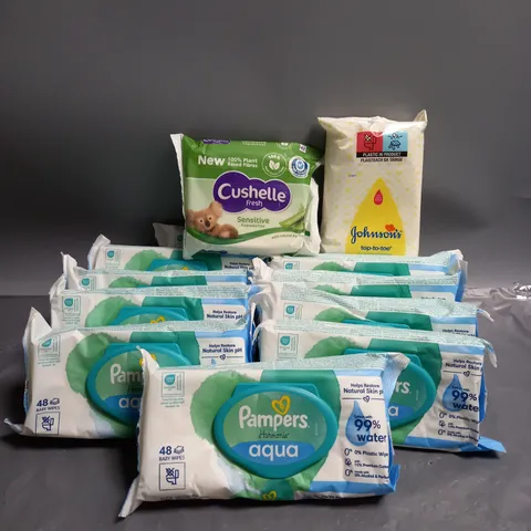 LOT OF APPROX 10 ASSORTED HEALTH AND BEAUTY PRODUCTS TO INCLUDE PAMPERS AQUA BABY WIPES, CUSHELLE SENSITIVE WIPES AND JOHNSONS WASHCLOTHS.