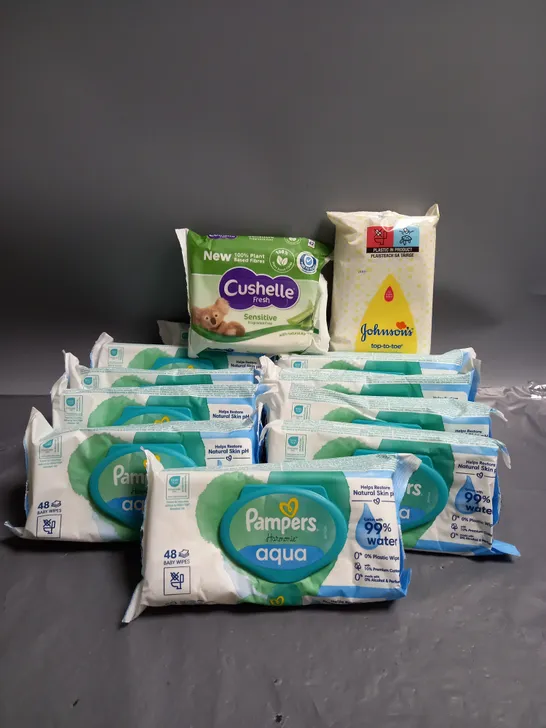 LOT OF APPROX 10 ASSORTED HEALTH AND BEAUTY PRODUCTS TO INCLUDE PAMPERS AQUA BABY WIPES, CUSHELLE SENSITIVE WIPES AND JOHNSONS WASHCLOTHS.