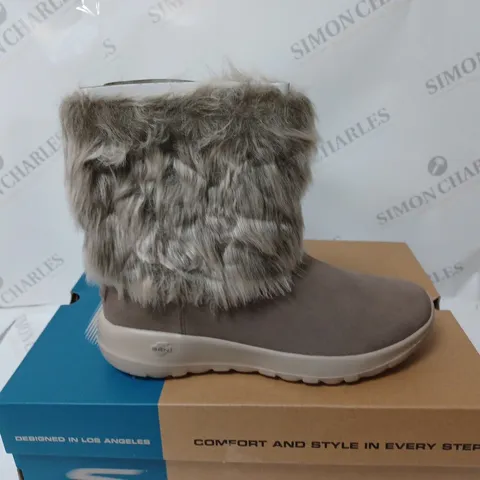 BOXED PAIR OF SKECHERS ON THE GO JOY MID SUEDE BOOTS, TAUPE - SIZE 5