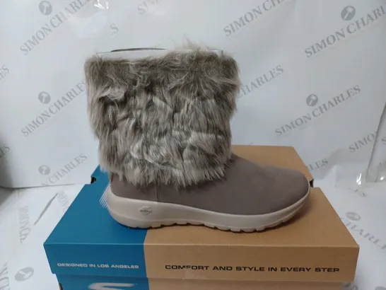 BOXED PAIR OF SKECHERS ON THE GO JOY MID SUEDE BOOTS, TAUPE - SIZE 5