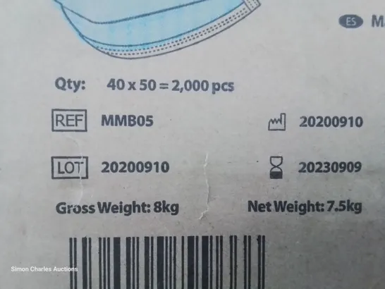 TWO CASES CONTAINING APPROXIMATLY 1500 DISPOSABLE MEDICAL FACE MASKS TYPE IIR