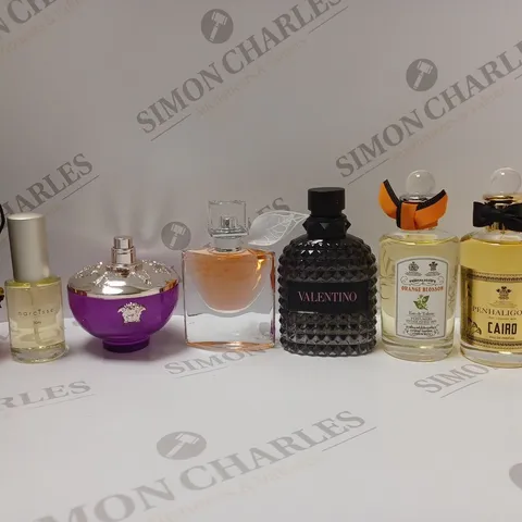 BOX OF APPROX 8 ASSORTED UNBOXED FRAGRANCES TO INCLUDE LANCOME LA VIE BELLE EAU DE PARFUM, VALENTINO BEAUTY EAU DE TOILETTE, PENHALIGON'S CAIRO EAU DE PARFUM, ETC 