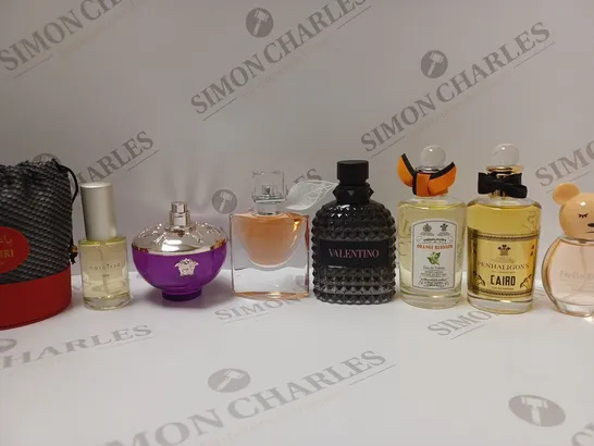 BOX OF APPROX 8 ASSORTED UNBOXED FRAGRANCES TO INCLUDE LANCOME LA VIE BELLE EAU DE PARFUM, VALENTINO BEAUTY EAU DE TOILETTE, PENHALIGON'S CAIRO EAU DE PARFUM, ETC 