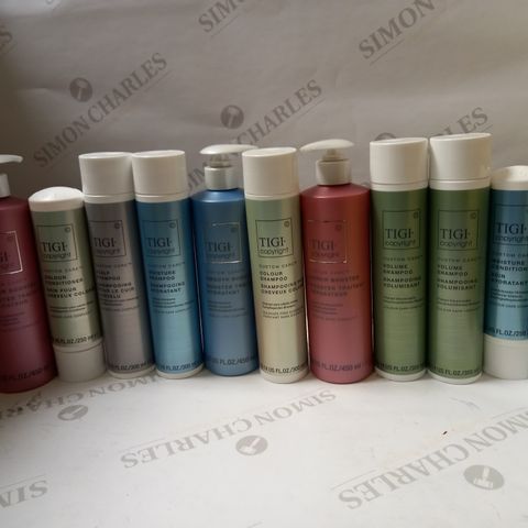LOT OF APPROX 12 ASSORTED TIGI COPYRIGHT HAIRCARE PRODUCTS TO INCLUDE VOLUME SHAMPOO, MOISTURE CONDITIONER, REPAIR BOOSTER, ETC