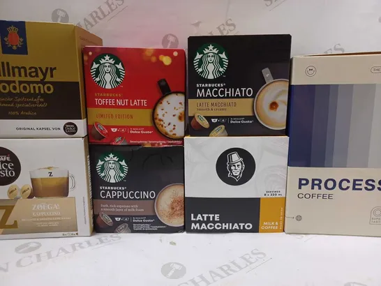 LOT OF APPROX 7 ASSORTED BOXES OF COFFEE DRINKS TO INCLUDE STARBUCKS TOFFEE NUT LATTES, STARBUCKS CAPPUCINO, PROCESS COFFEE THE BOXSET, ETC 