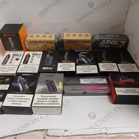 BOX OF APPROXIMATELY 25 E-CIGARETTE PRODUCTS TO INCLUDE ARGUS GT, ASPIRE QUICK STARTER KIT, VOOPOO DRAG X ETC