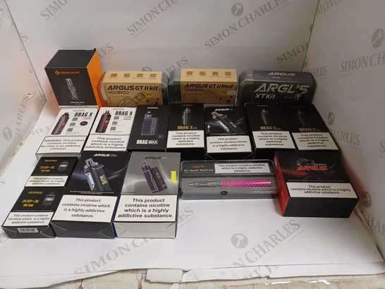 BOX OF APPROXIMATELY 25 E-CIGARETTE PRODUCTS TO INCLUDE ARGUS GT, ASPIRE QUICK STARTER KIT, VOOPOO DRAG X ETC