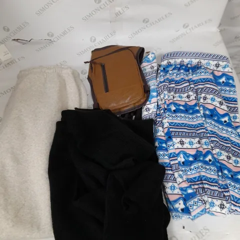 BOX OF APPROXIMATELY 25 ASSORTED CLOTHING ITEMS TO INCUDE - TROUSERS , TOPS , DRESS , BAG ETC