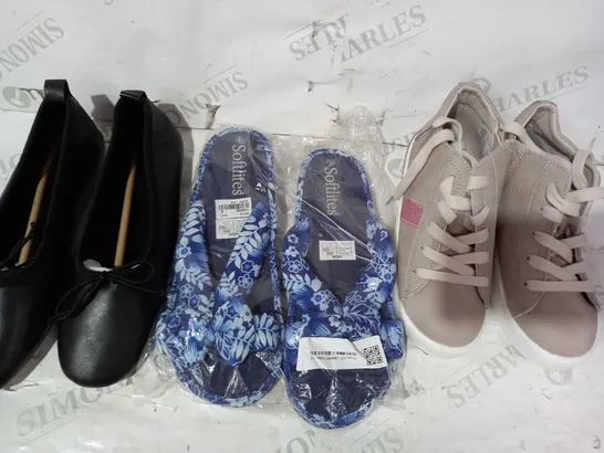 BOX OF APPROXIMATELY 15 ASSORTED PAIRS OF SHOES AND FOOTWEAR ITEMS IN VARIOUS STYLES AND SIZES TO INCLUDE SOFTLITES, TISSAIA, RR, ETC