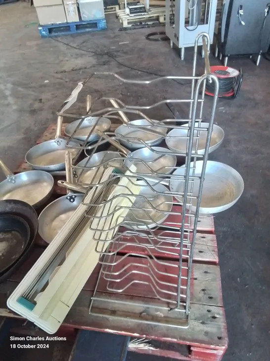 LARGE AMOUNT OF COMMERCIAL FRYING PANS AND STAINLESS STEEL PLATE RACK AND FOOD PACKAGING CUTTER