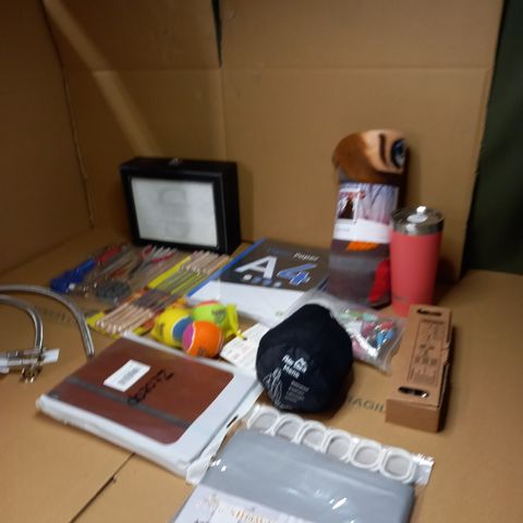 LARGE BOX OF APPROXIMATELY 25 ASSORTED HOUSEHOLD ITEMS TO INCLUDE A4 COPIER PAPER, FROZEN 2 FLEECE AND SHOWER CURTAINSHOUSEHOLD ITEMS TO COFFEE CUPS, CUPBOARD HANDLES AND DECOROTIVE ORNAMENTS
