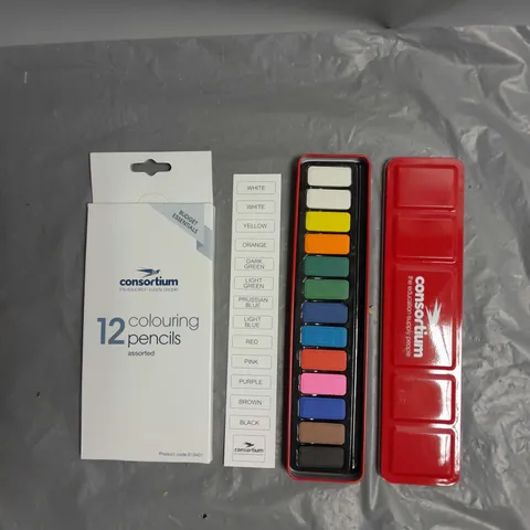 CONSORTIUM BOX OF APPROX 20 WATERCOLOUR TINS APPROX 12 PACKS COLOURING PENCILS