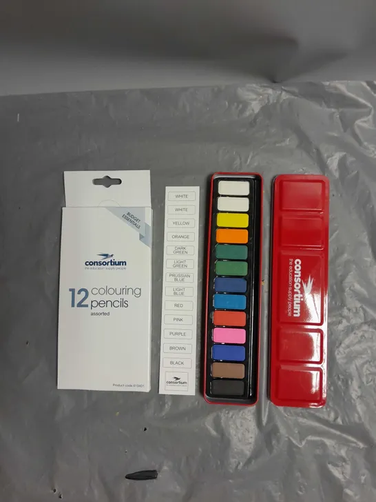 CONSORTIUM BOX OF APPROX 20 WATERCOLOUR TINS APPROX 12 PACKS COLOURING PENCILS