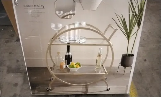 DRINKS TROLLEY WITH GLASS SHELVING AND GOLD EFFECT FRAME