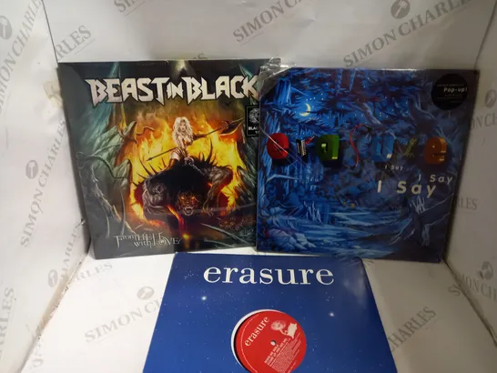 BOX OF APPROX 10 VINYLS INCLUDING ERASURE FREEDOM, BEAST IN BLACK AND ERASURE I SAY