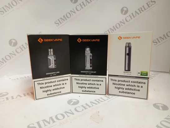 APPROXIMATELY 20 ASSORTED BOXED GEEKVAPE VAPING PRODUCTS TO INCLUDE L200, E100 KIT, WENAX H1 ETC. 