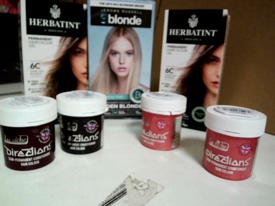 LOT OF APPROX. 7 HAIR PRODUCTS TO INCLUDE:  HERBATINT - DARK BLOND ASH,  JEROME RUSSELL BBLONDE - GOLDEN BLONDE SEMI PERM HAIR DYE, LA RICHE  SEMI-PERM CONDITIONING HAIR COLOUR