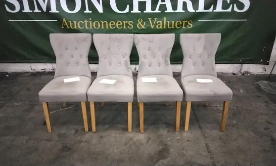 SET OF 4 BEWLEY MINK VELVET BUTTON BACK DINING CHAIRS WITH OAK LEGS