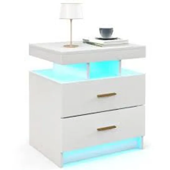 BOXED COSTWAY BEDSIDE TABLE WITH LED LIGHTING, BEDSIDE CABINET, SIDE TABLE WITH 2 DRAWERS, 50 X 40 X 58cm - WHITE