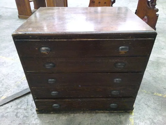 ANTIQUE FIVE DRAWER DARK WOOD CHEST WITH HALF MOON SHELL PULL HANDLES