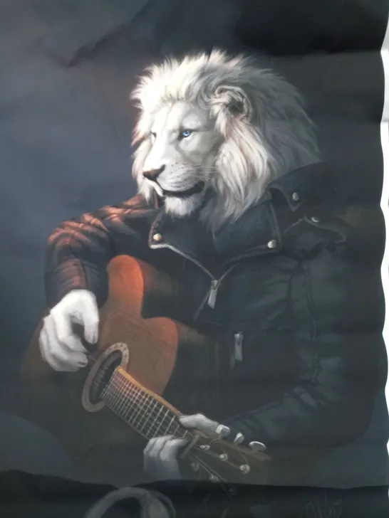 SIGNED ABSTRACT WHITE LION GUITARIST ART PRINT