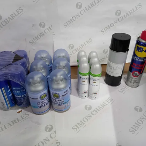 LOT OF APPROX 20 ASSORTED AEROSOLS TO INCLUDE AIR SPRAY, BODY SPRAY, WD-40 ETC