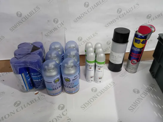 LOT OF APPROX 20 ASSORTED AEROSOLS TO INCLUDE AIR SPRAY, BODY SPRAY, WD-40 ETC