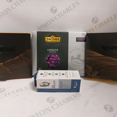 BOX OF 4 ITEMS TO INCLUDE NESCAFE PODS, LUNGO 8 INTENSE PODS, KAFFEKAPSLEN ECO DESCALER