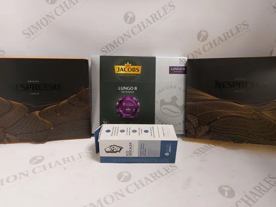 BOX OF 4 ITEMS TO INCLUDE NESCAFE PODS, LUNGO 8 INTENSE PODS, KAFFEKAPSLEN ECO DESCALER