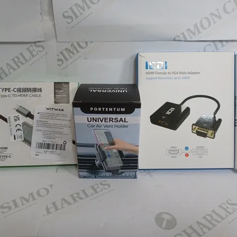 BOX OF APPROXIMATELY 15 ASSORTED ITEMS TO INCLUDE - CAR AIR VENT HOLDER - TYPE C TO HDMI - FEMALE TO VGA MALE ADAPTER ETC