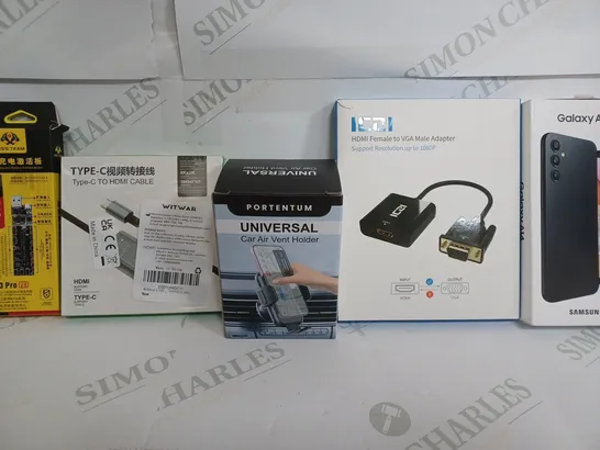 BOX OF APPROXIMATELY 15 ASSORTED ITEMS TO INCLUDE - CAR AIR VENT HOLDER - TYPE C TO HDMI - FEMALE TO VGA MALE ADAPTER ETC