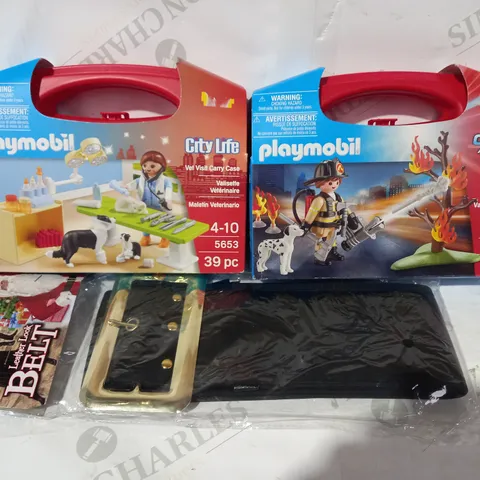 BOX OF APPROXIMATELY 10 ASSORTED TOYS AND GAMES TO INCLUDE PLAYMOBIL CITY LIFE VET VISIT CARRY CASE, PLAYMOBIL CITY ACTION FIRE RESUE CARRY CASE, FANCY DRESS LEATHER LOOK BELT, ETC