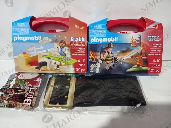 BOX OF APPROXIMATELY 10 ASSORTED TOYS AND GAMES TO INCLUDE PLAYMOBIL CITY LIFE VET VISIT CARRY CASE, PLAYMOBIL CITY ACTION FIRE RESUE CARRY CASE, FANCY DRESS LEATHER LOOK BELT, ETC