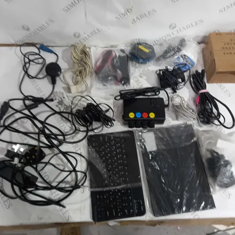 APPROXIMATELY 10 ASSORTED HOUSEHOLD ITEMS TO INCLUDE WIRES, WIRELESS KEYBOARD, AND CONNECTOR CABLES ETC.