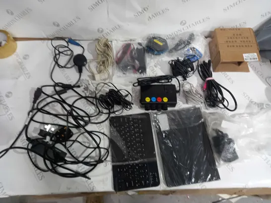 APPROXIMATELY 10 ASSORTED HOUSEHOLD ITEMS TO INCLUDE WIRES, WIRELESS KEYBOARD, AND CONNECTOR CABLES ETC.