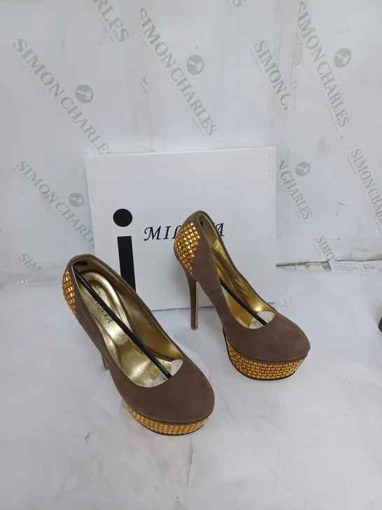 LARGE BOX OF APPROXIMATELY 10 BOXED MILAYA BROWN STILT HEELS JEWELLED IN VARIOUS SIZES 