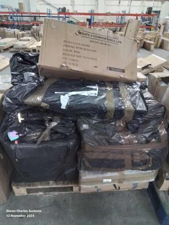 PALLET CONTAINING VARIOUS BOXED FURNITURE PARTS AND OTHER HOUSEHOLD ITEMS ETC.