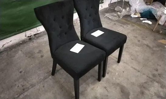 PAIR OF KENSINGTON BLACK VELVET BUTTON BACK DINING CHAIRS WITH BLACK LEGS