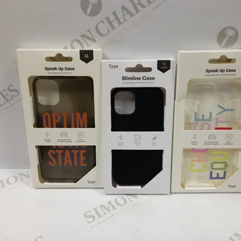 BOX OF APPROXIMATELY 52 TYPO PHONES CASES ('SLIMLINE CASE' & 'SPEAK UP CASE') FOR IPHONE 11, 12 MINI, 12/12PRO IN VARYING COLOURS